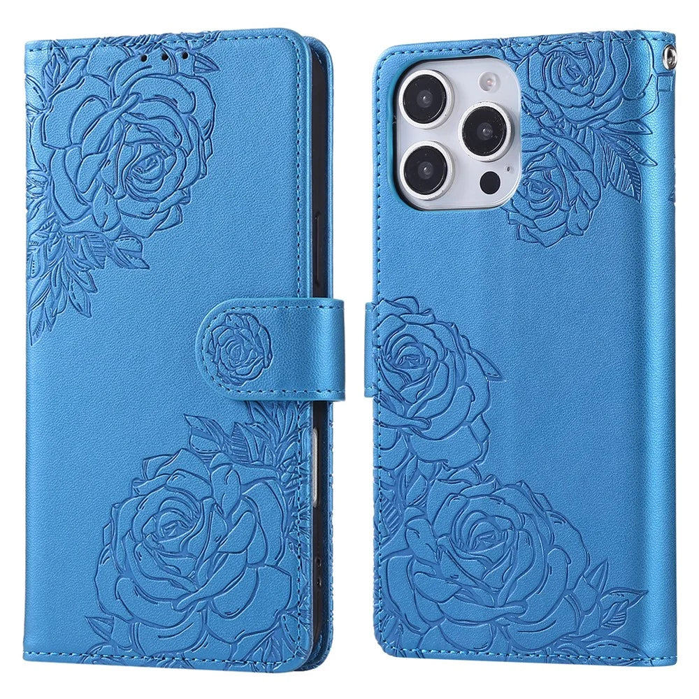 For iPhone 15 Pro Max Case Rose Flower PU Leather Wallet Phone Cover with 3 Card Slot - Blue - 1