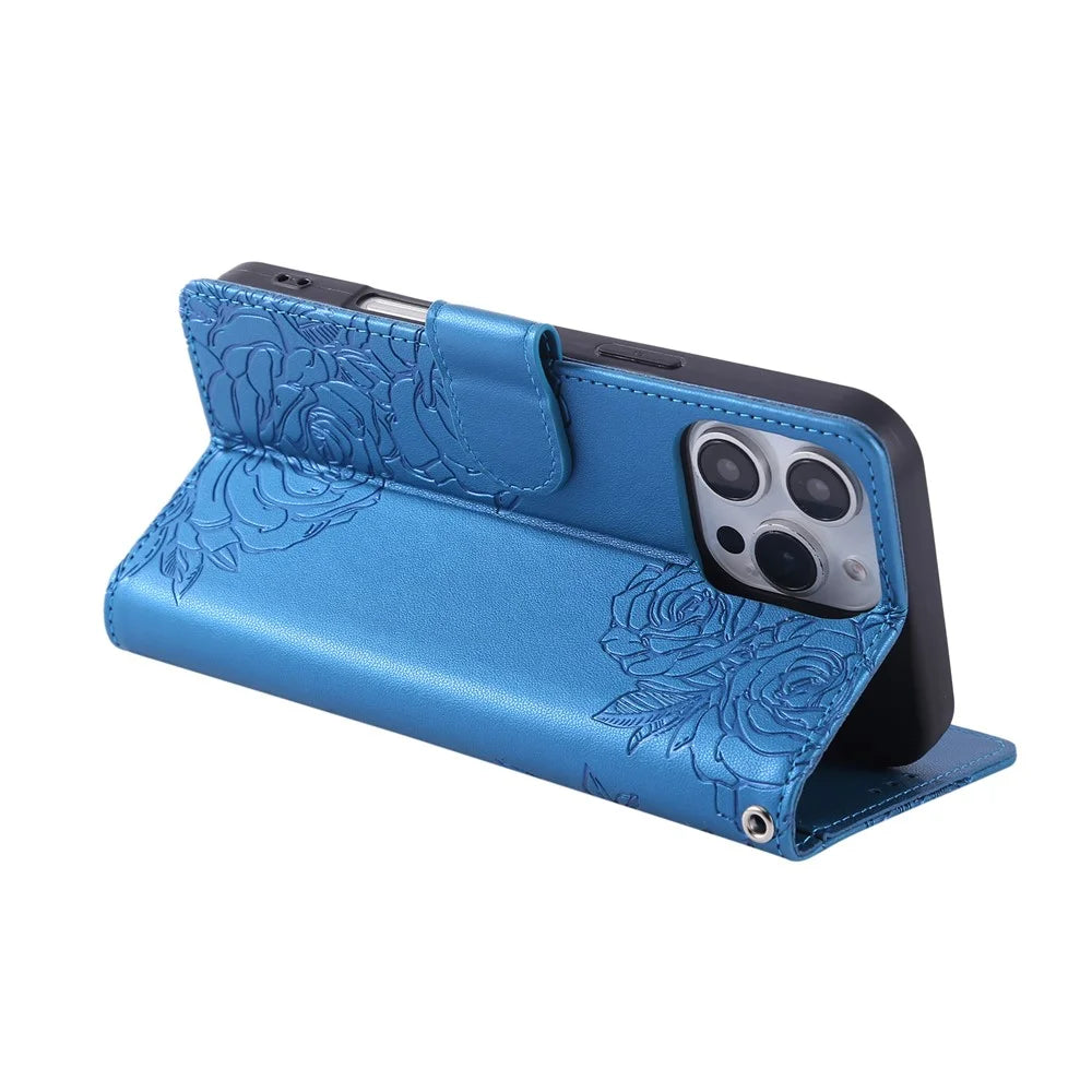 For iPhone 15 Pro Max Case Rose Flower PU Leather Wallet Phone Cover with 3 Card Slot - Blue - 4