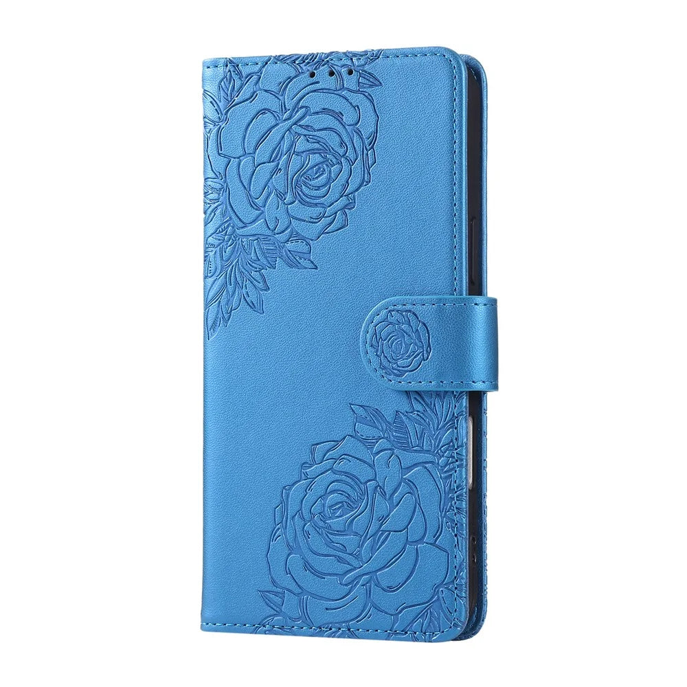For iPhone 15 Pro Max Case Rose Flower PU Leather Wallet Phone Cover with 3 Card Slot - Blue - 7