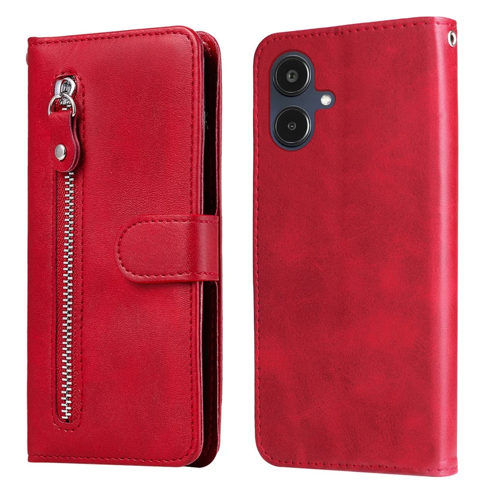 For Samsung Galaxy A25e PU Leather Cases with Zipper Pocket Wallet Phone Cover Stand - Red - 1