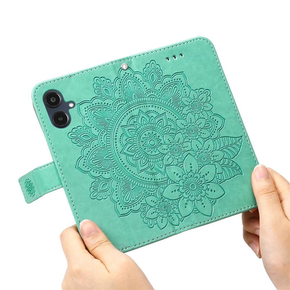 For Samsung Galaxy A25e Case Floral Pattern PU Leather Wallet Stand Phone Cover - Green - 2