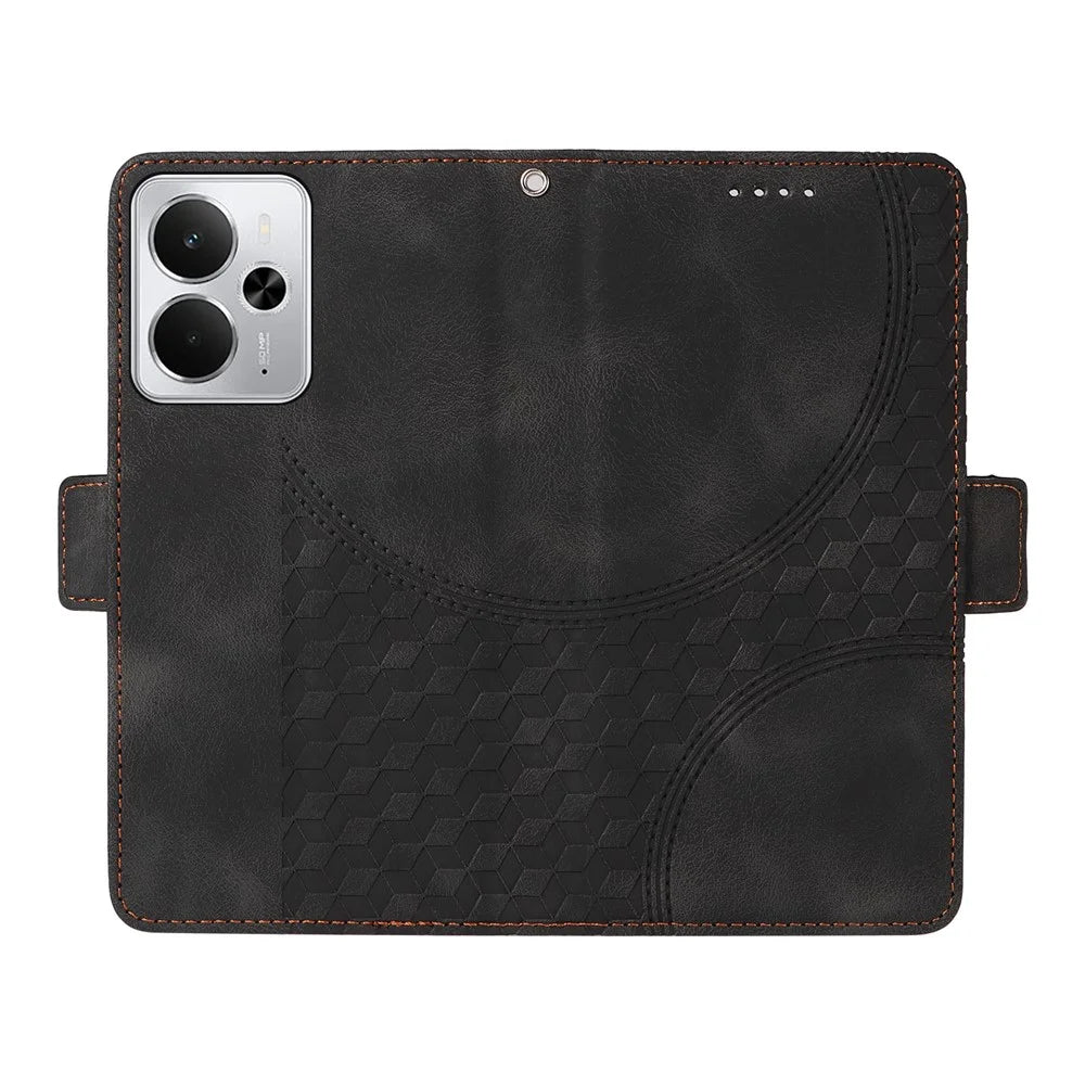 For Realme 14 5G Leather Cases Wallet Rhombus Imprinted Phone Cover Stand with Strap - Black - 2