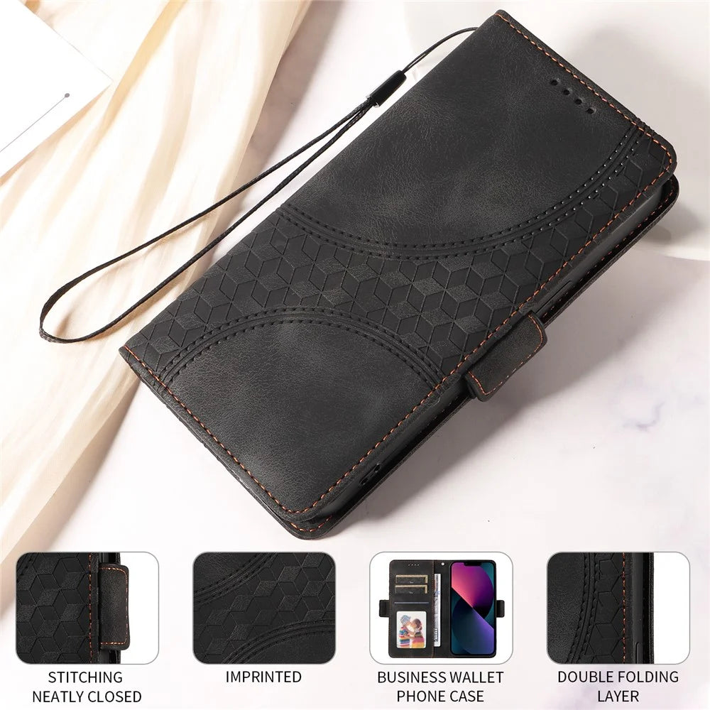 For Realme 14 5G Leather Cases Wallet Rhombus Imprinted Phone Cover Stand with Strap - Black - 5