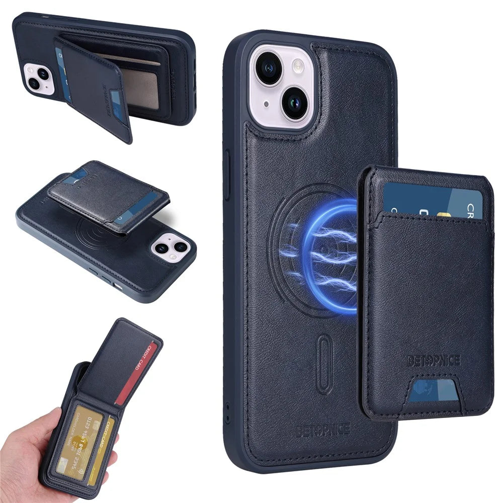 BETOPNICE For iPhone 14 Plus Magnetic Case  RFID Blocking Leather Phone Back Cover with Detachable Card Bag - Blue - 1