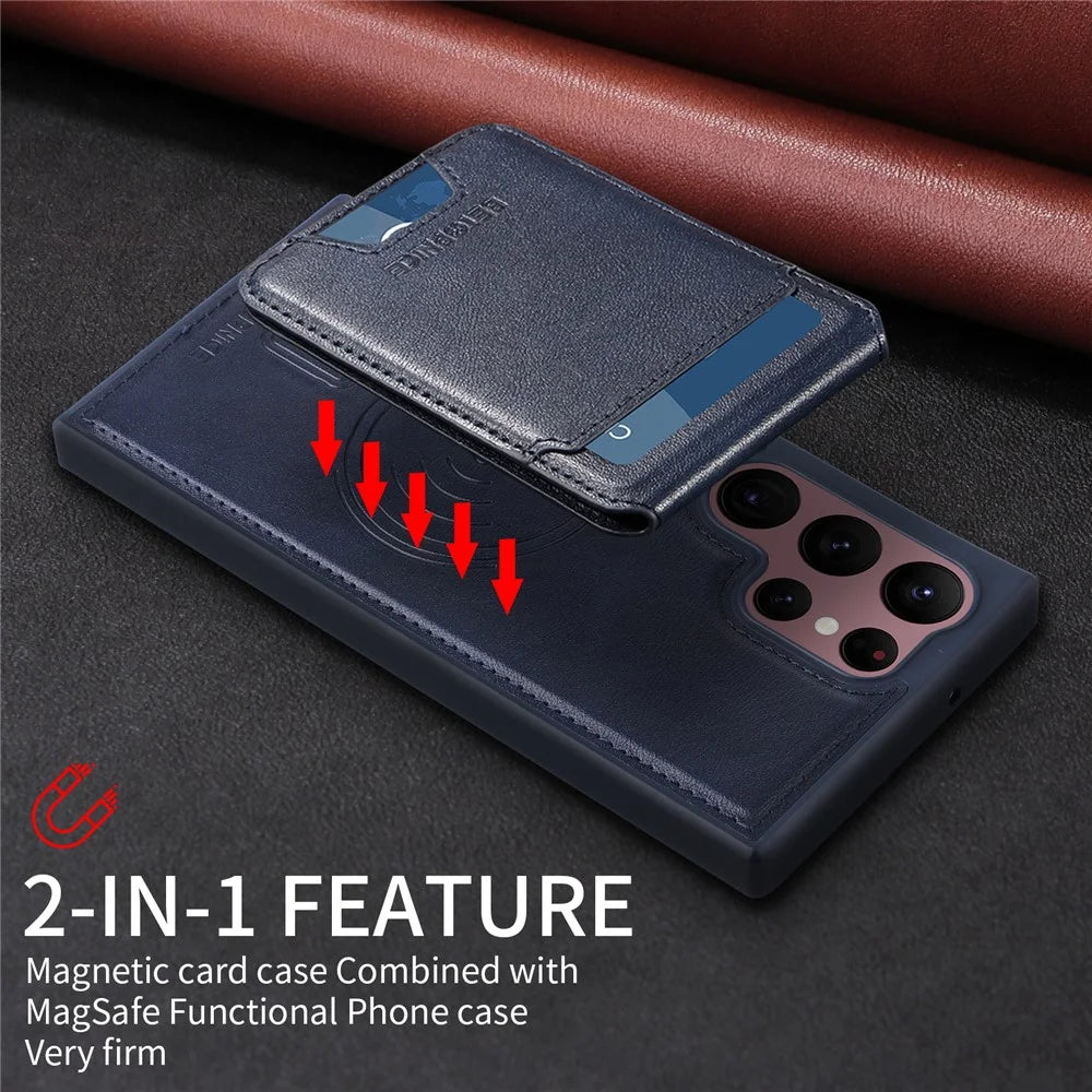 BETOPNICE For Samsung Galaxy S22 Ultra 5G Magnetic Case  RFID Blocking Leather Phone Back Cover with Detachable Card Bag - Blue - 5