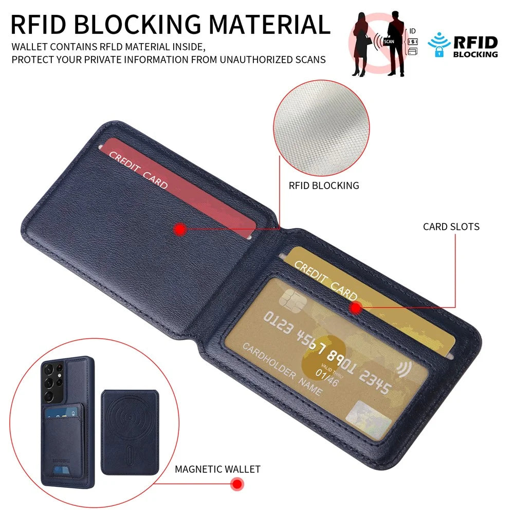 BETOPNICE For Samsung Galaxy S21 Ultra 5G Magnetic Case  RFID Blocking Leather Phone Back Cover with Detachable Card Bag - Blue - 6