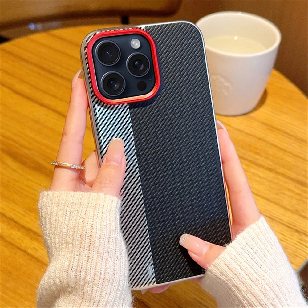 For iPhone 16 Pro Max Case Camera-Style Carbon Fiber Texture Leather + PC Phone Cover - 5