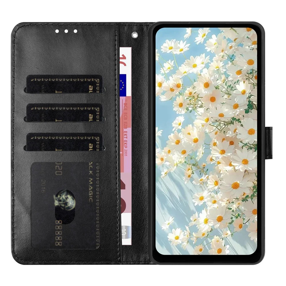 For iPhone 17e / 16e Leather Case Daisy Imprint Wallet Stand Phone Protective Cover - Black - 2