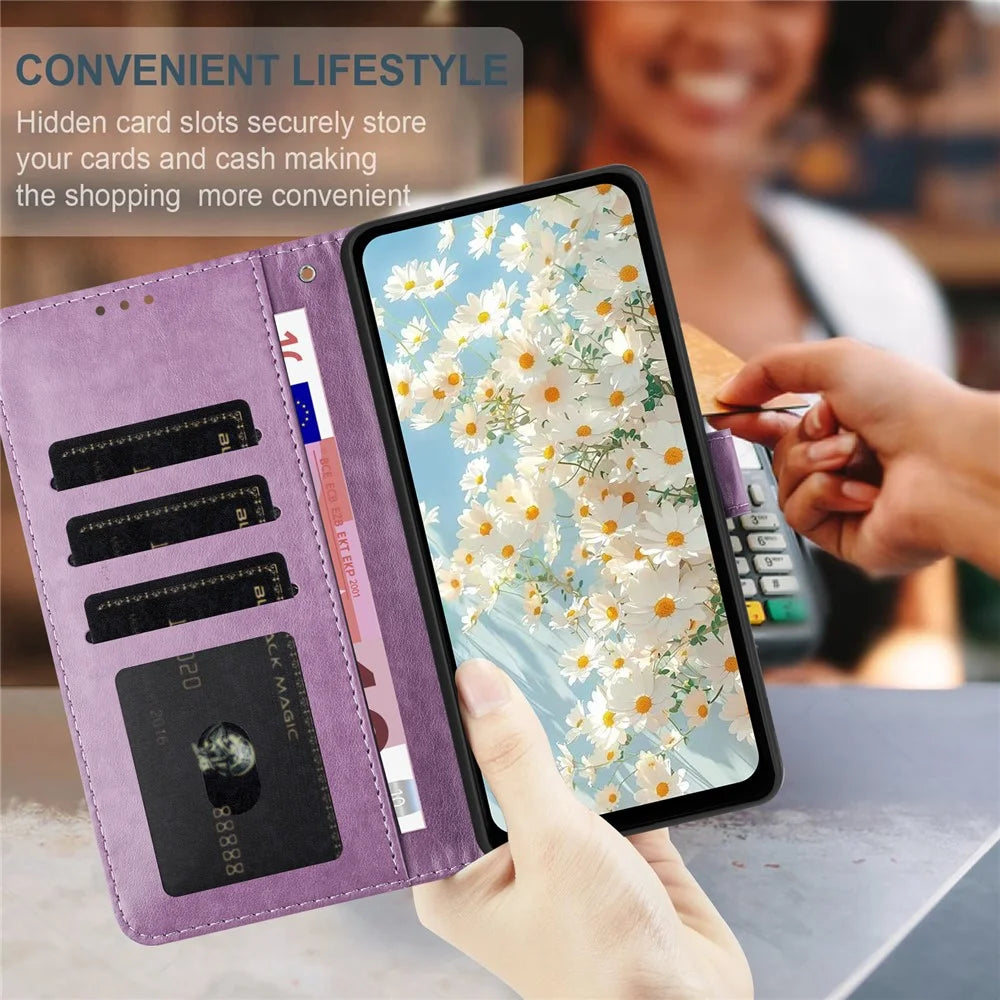 For Samsung Galaxy A56 5G Leather Case Daisy Imprint Wallet Stand Phone Protective Cover - Light Purple - 4