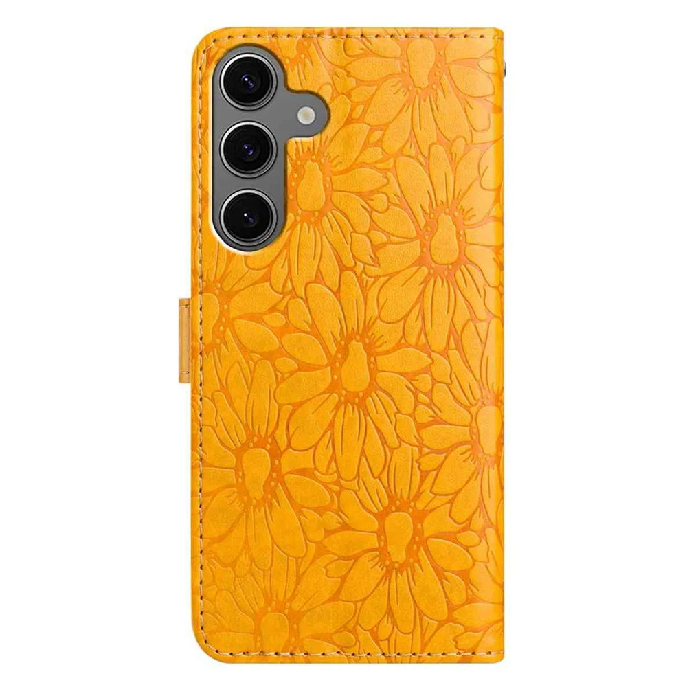 For Samsung Galaxy S25+  /  S24+ Leather Case Daisy Imprint Wallet Stand Phone Protective Cover - Yellow - 6