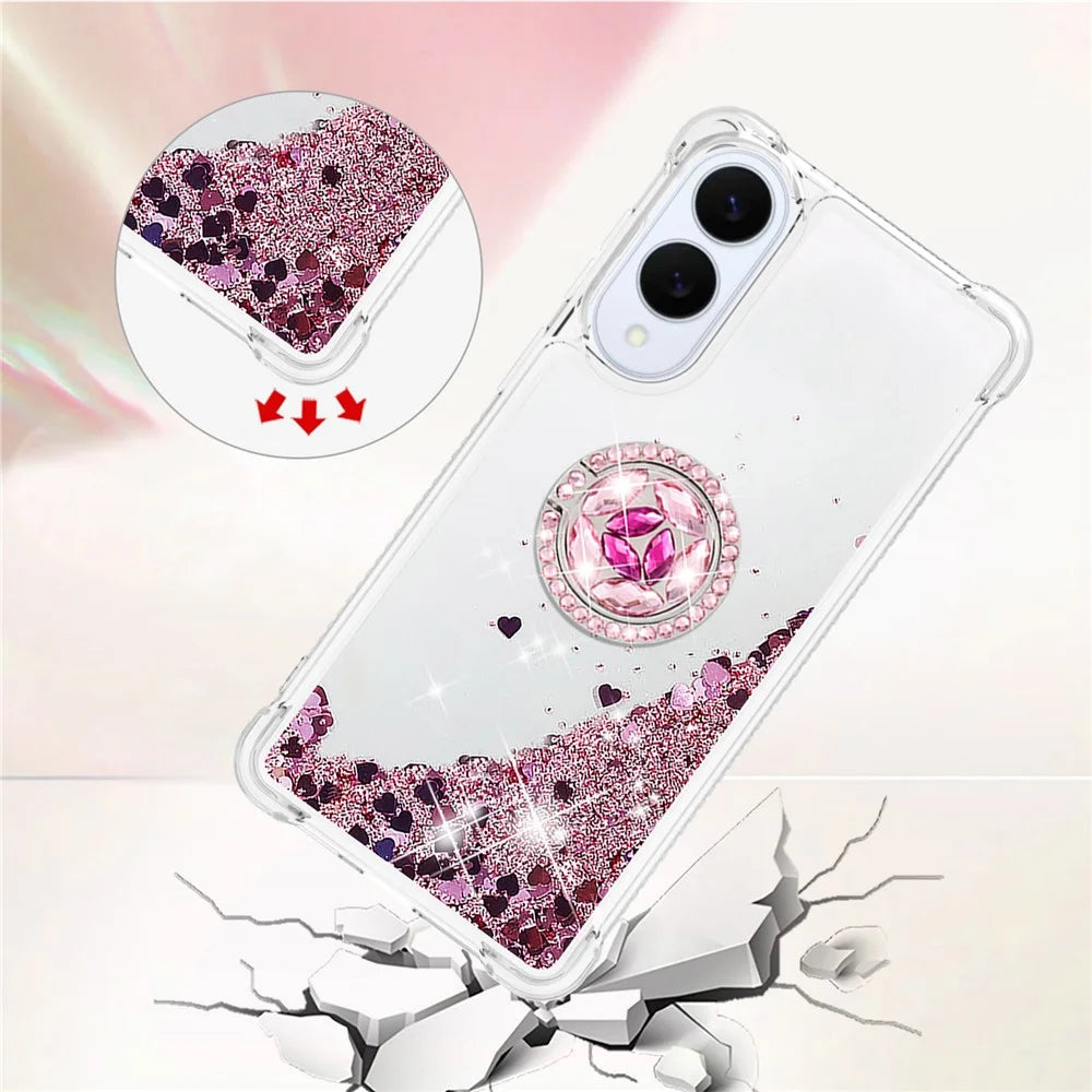 For Samsung Galaxy S25 Edge TPU Case with Kickstand Quicksand Shockproof Cover - Rose Gold / Hearts - 4