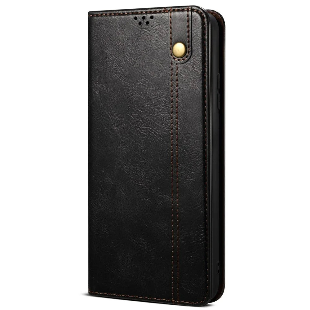 For Realme 14 5G Case Crazy Horse Texture Waxy Leather Wallet Stand Phone Cover - Black - 6