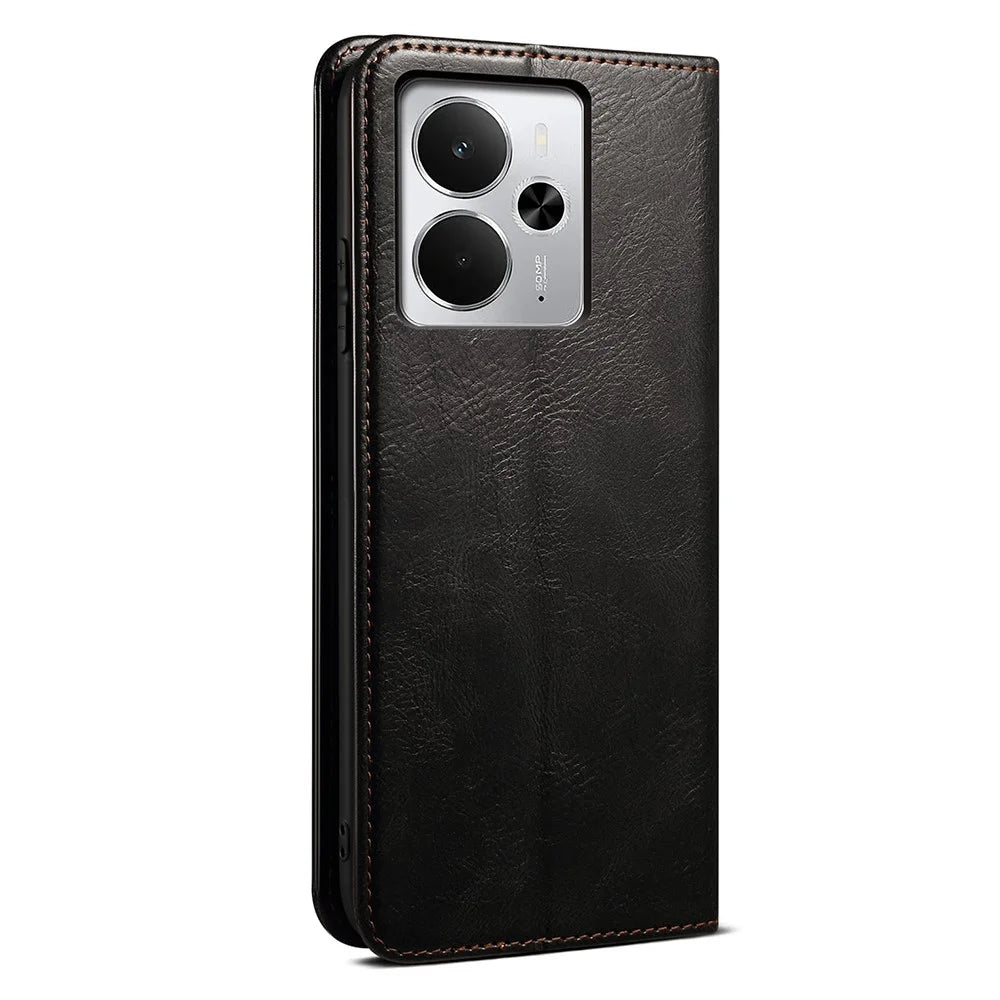 For Realme 14 5G Case Crazy Horse Texture Waxy Leather Wallet Stand Phone Cover - Black - 7