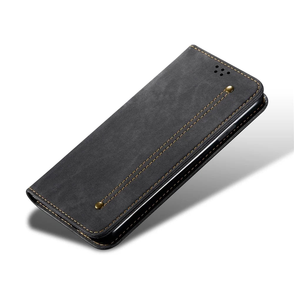 For Realme 14 5G Case Jeans Cloth Texture Anti-Scratch Leather Stand Phone Cover - Black - 4