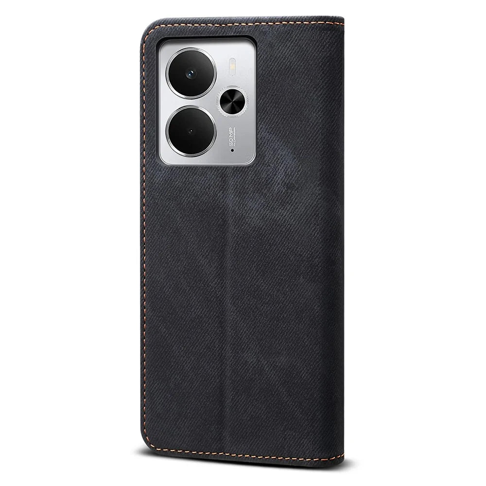 For Realme 14 5G Case Jeans Cloth Texture Anti-Scratch Leather Stand Phone Cover - Black - 6