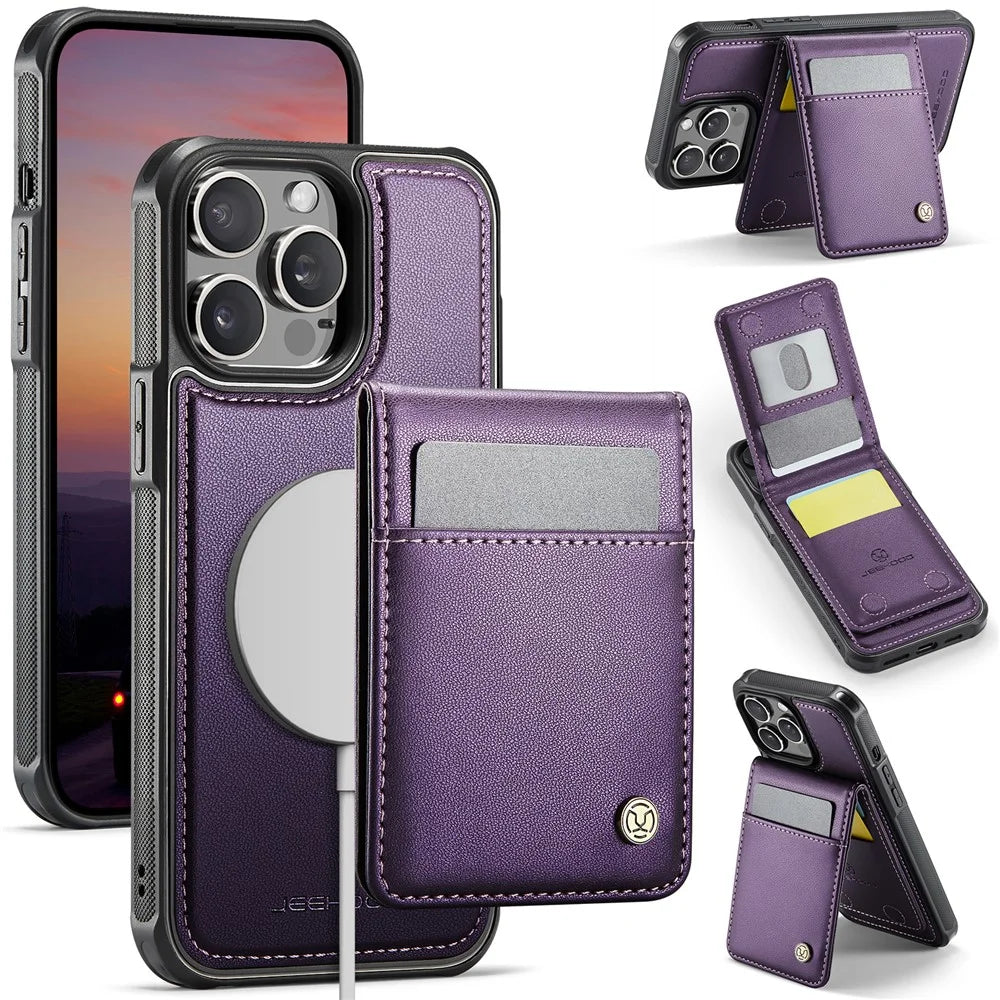 JEEHOOD For iPhone 14 Pro Max Leather Back Cover Compatible with MagSafe  J06 Phone Case with Card Bag RFID Blocking - Purple - 1