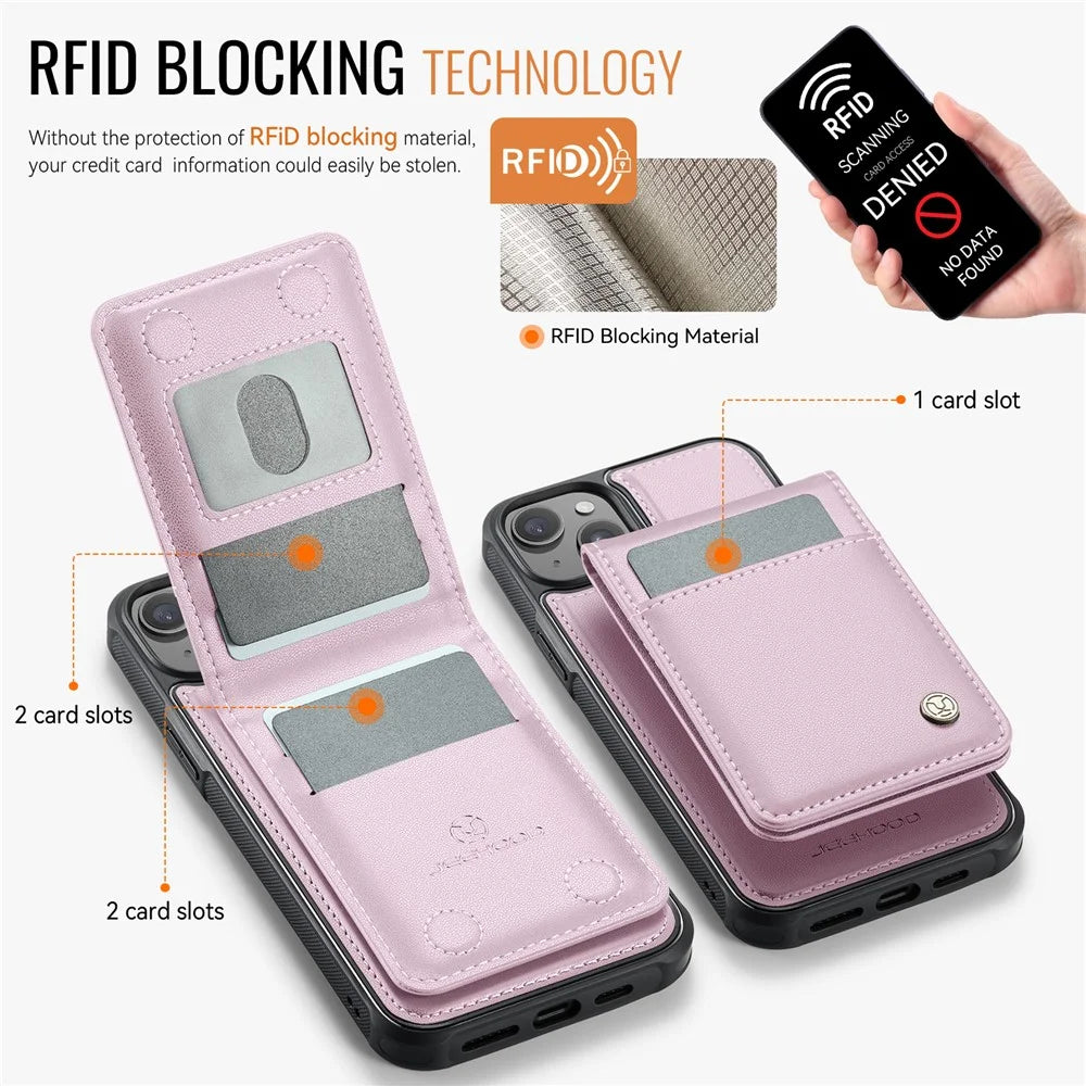 JEEHOOD For iPhone 14 Plus Leather Back Cover Compatible with MagSafe  J06 Phone Case with Card Bag RFID Blocking - Pink - 3
