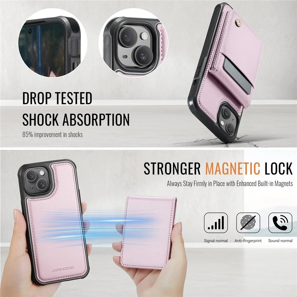 JEEHOOD For iPhone 14 Plus Leather Back Cover Compatible with MagSafe  J06 Phone Case with Card Bag RFID Blocking - Pink - 5