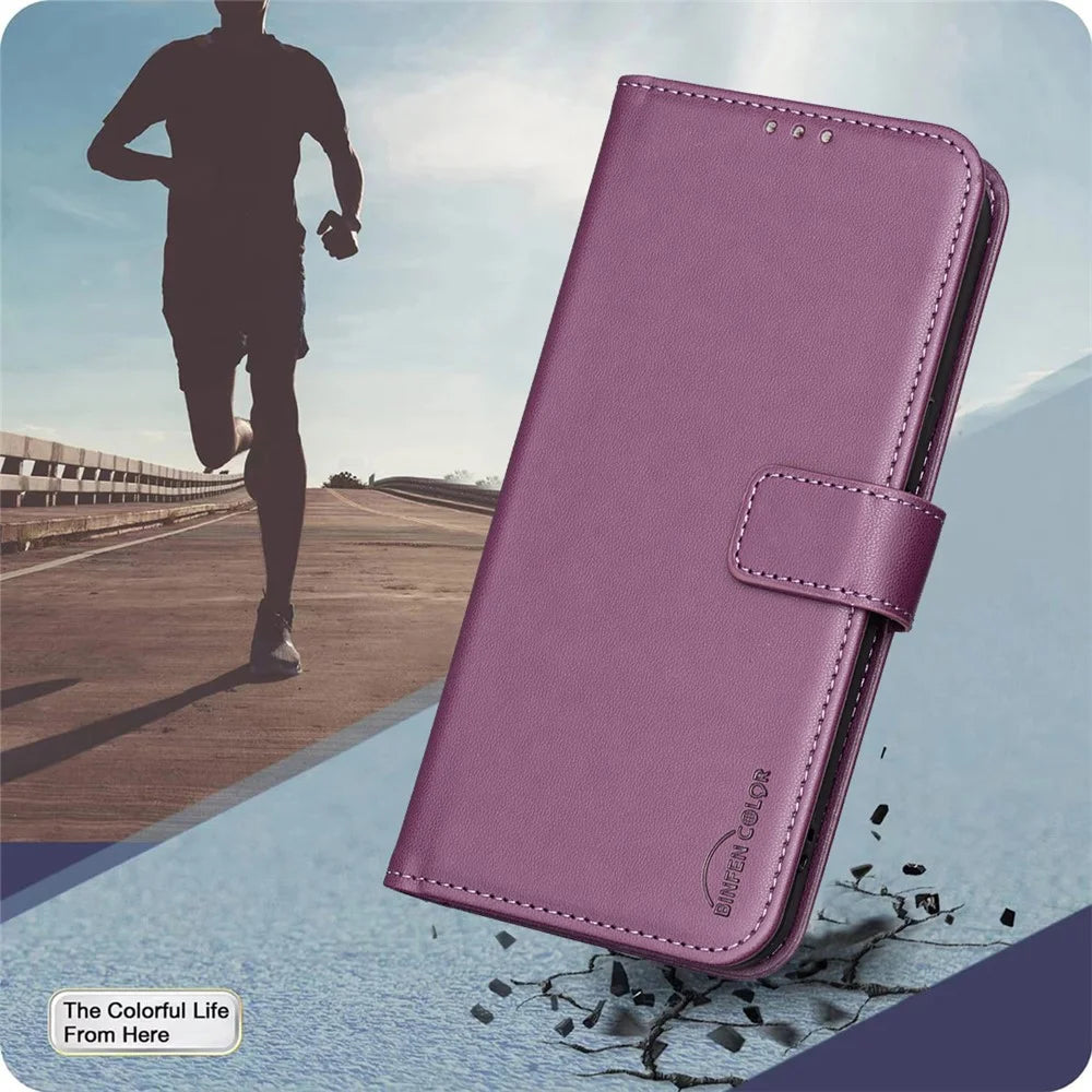 BINFEN COLOR BF17 For Samsung Galaxy XCover7 Pro Case Wallet Folio Flip Leather Cover - Dark Purple - 6