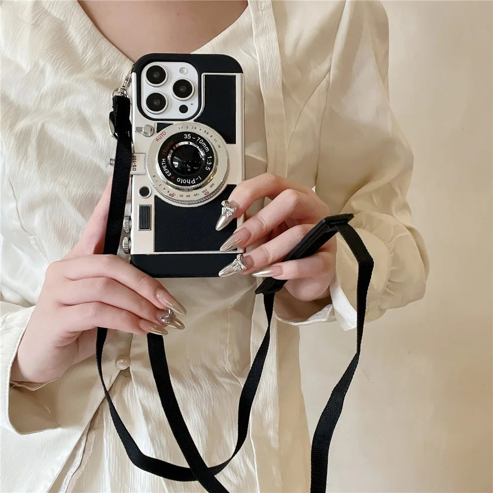 For iPhone 14 Pro Case Vintage Style Camera Design Phone Cover with Crossbody Strap - 3