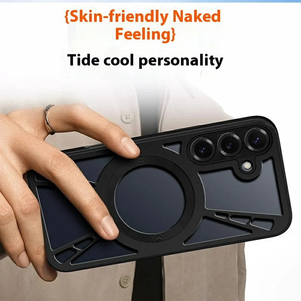 For Samsung Galaxy S25+ Case Magnetic Hollow Heat Dissipation Silicone + PC + Metal Bumper Phone Cover - Black - 6