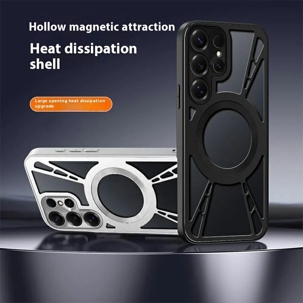 For Samsung Galaxy S25 Ultra Case Magnetic Hollow Heat Dissipation Silicone + PC + Metal Bumper Phone Cover - Black - 2