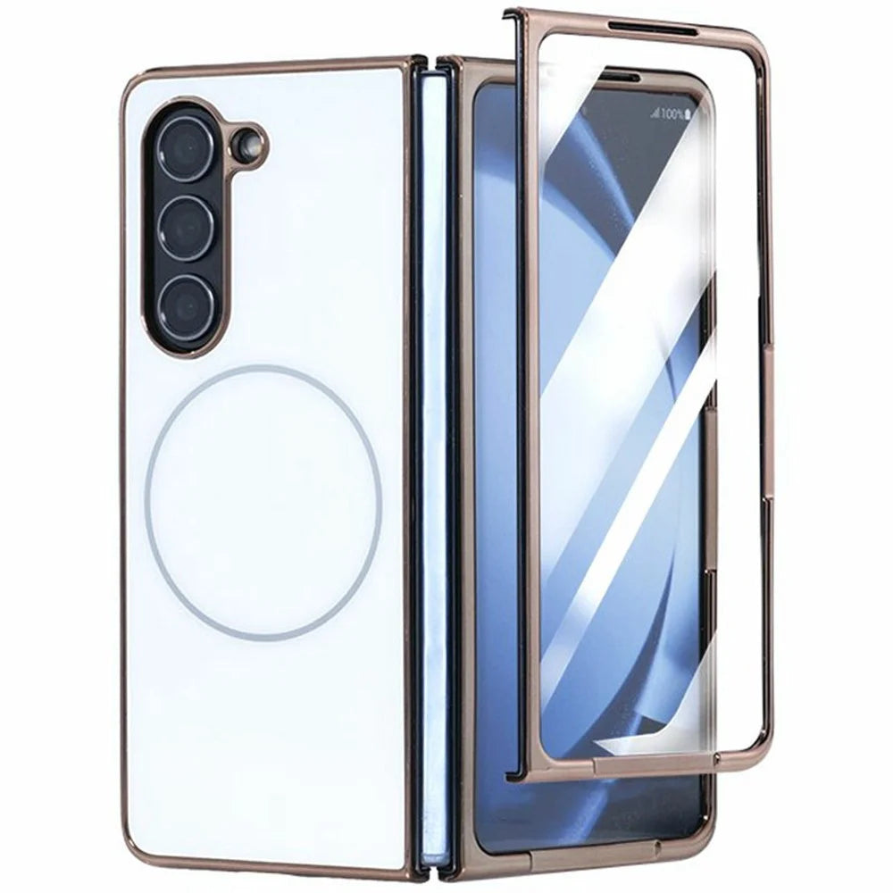 For Samsung Galaxy Z Fold5 5G Magnetic Case Electroplated Matte PC Phone Cover with HD Screen Film - White - 1