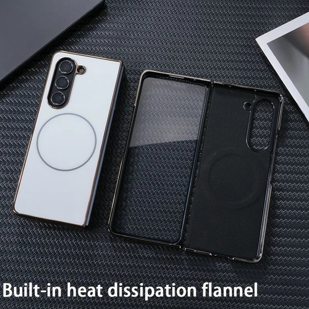 For Samsung Galaxy Z Fold5 5G Magnetic Case Electroplated Matte PC Phone Cover with HD Screen Film - White - 2