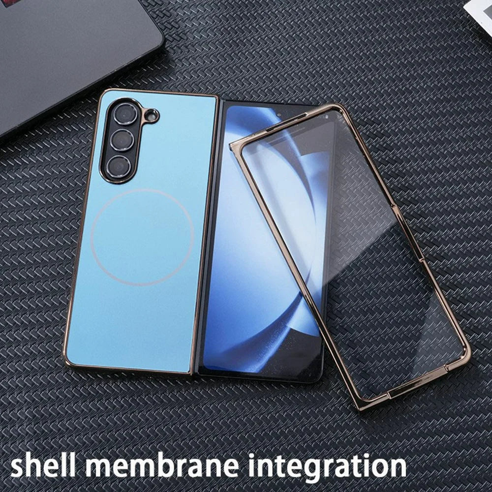 For Samsung Galaxy Z Fold5 5G Magnetic Case Electroplated Matte PC Phone Cover with HD Screen Film - White - 7