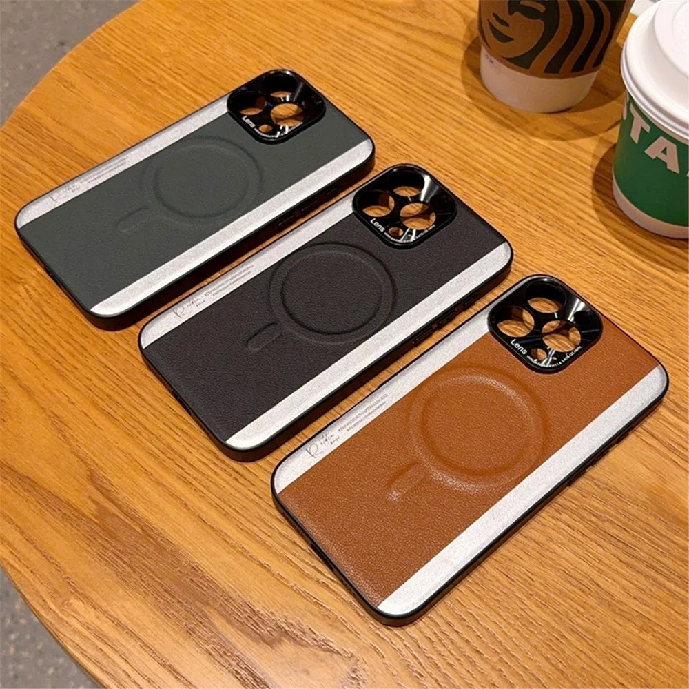 For iPhone 15 Pro Max Case Compatible with MagSafe Splicing Color PC + PU Leather Phone Back Cover - Black - 5