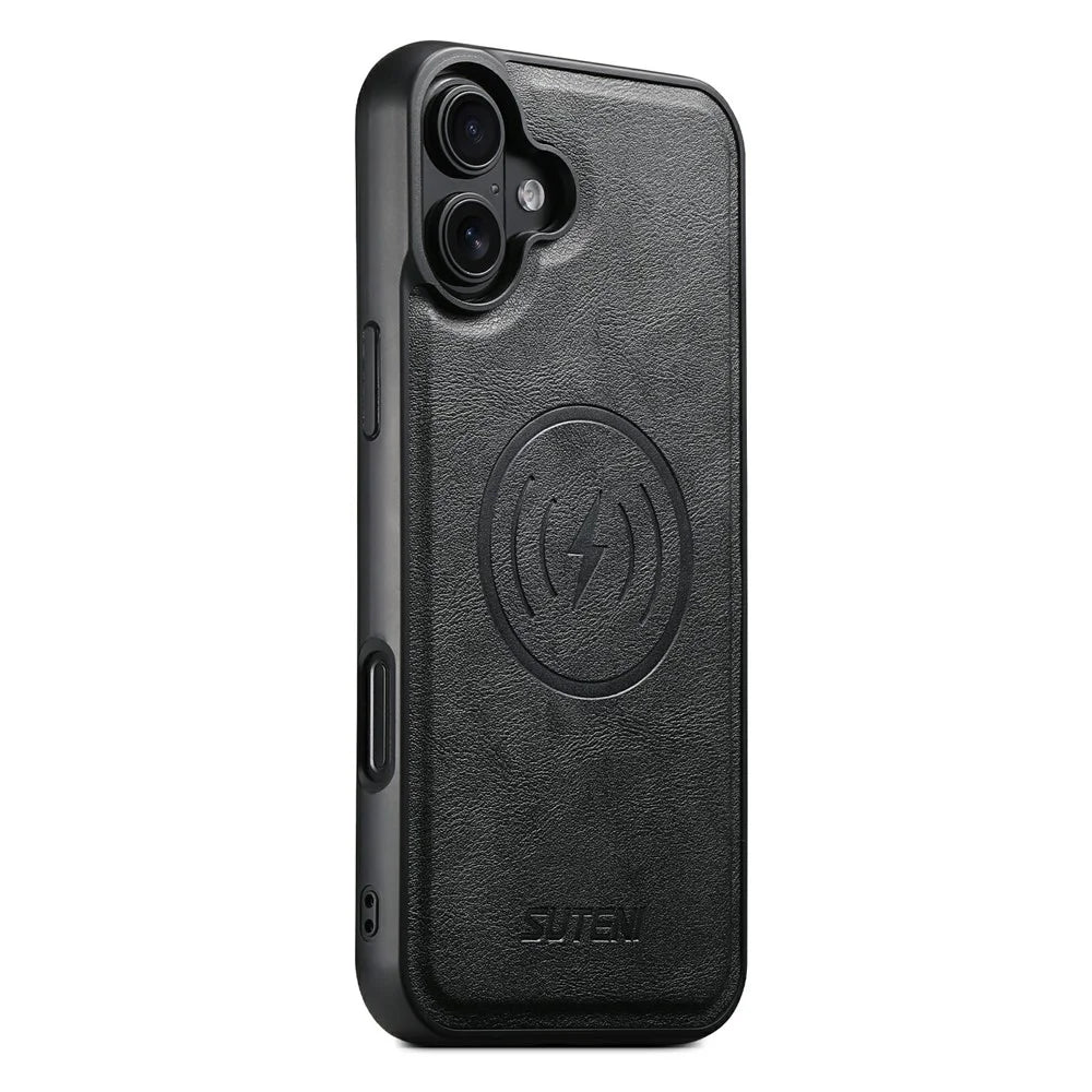 SUTENI G5 For iPhone 16 Plus Case Compatible with MagSafe Cowhide Texture Leather Back Cover - Black - 1