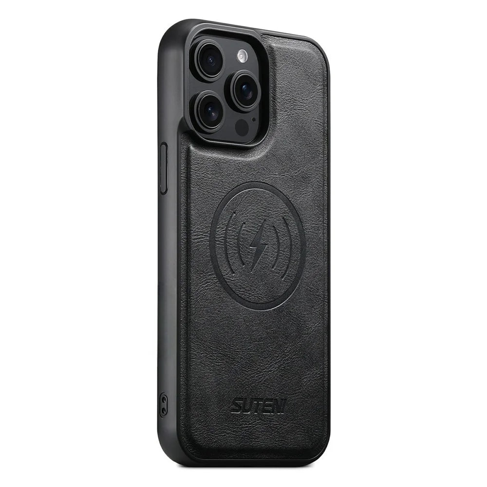 SUTENI G5 For iPhone 14 Pro Max Case Compatible with MagSafe Cowhide Texture Leather Back Cover - Black - 1