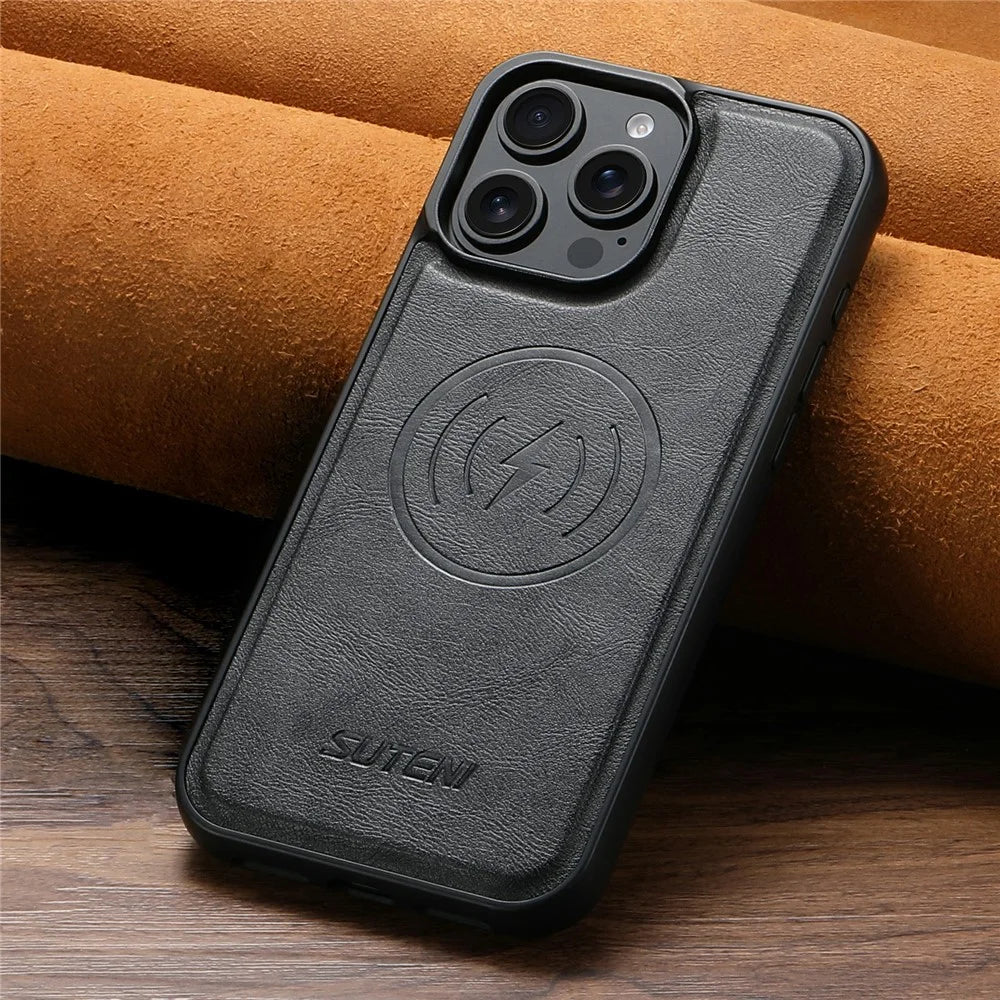 SUTENI G5 For iPhone 14 Pro Max Case Compatible with MagSafe Cowhide Texture Leather Back Cover - Black - 5
