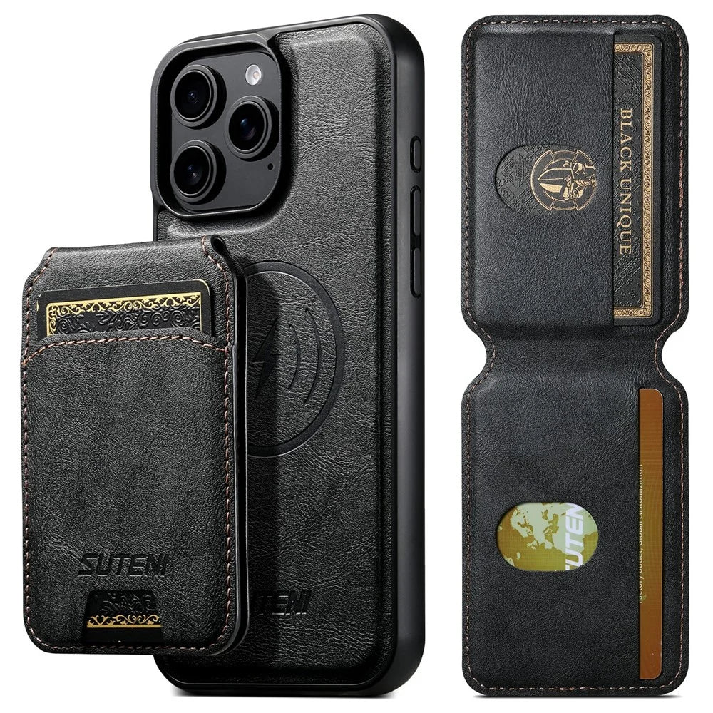 SUTENI M5 For iPhone 15 Pro Max Magnetic Case with Card Bag Cowhide Texture Leather Phone Back Cover - Black - 2