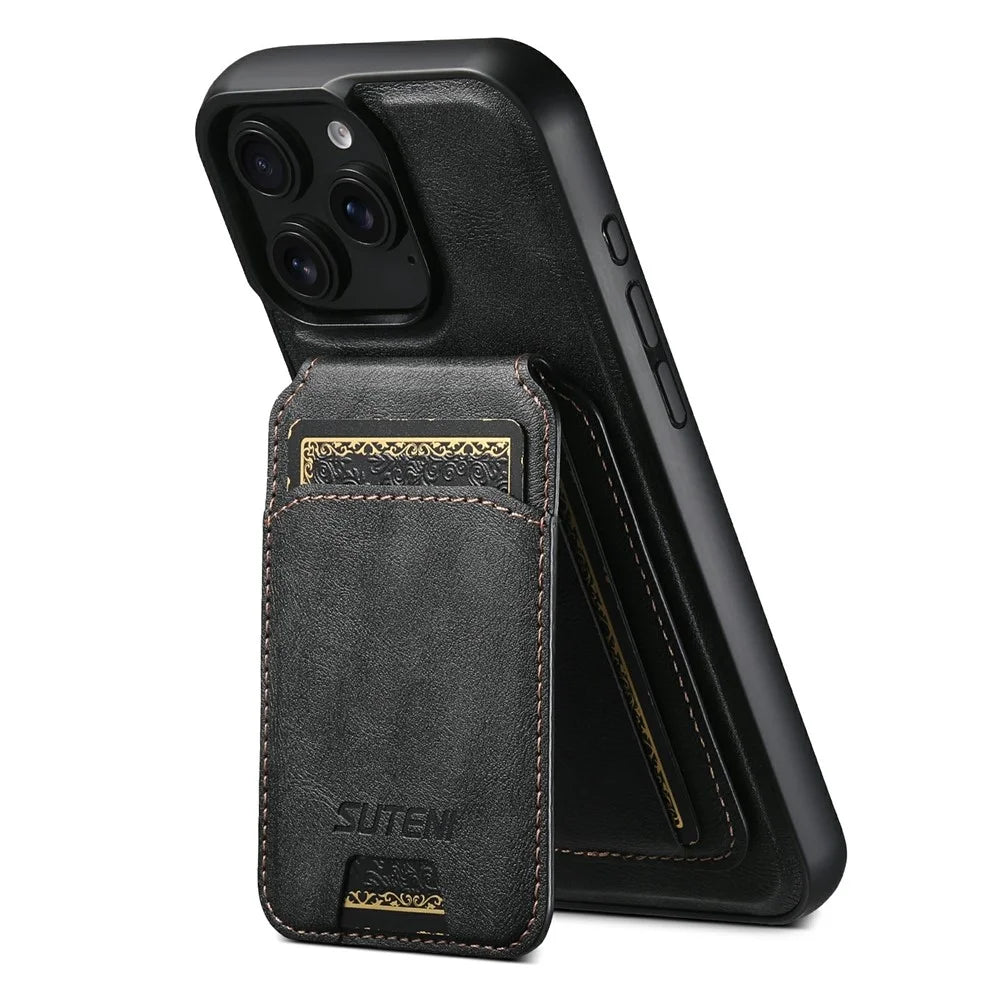 SUTENI M5 For iPhone 14 Pro Max Magnetic Case with Card Bag Cowhide Texture Leather Phone Back Cover - Black - 4