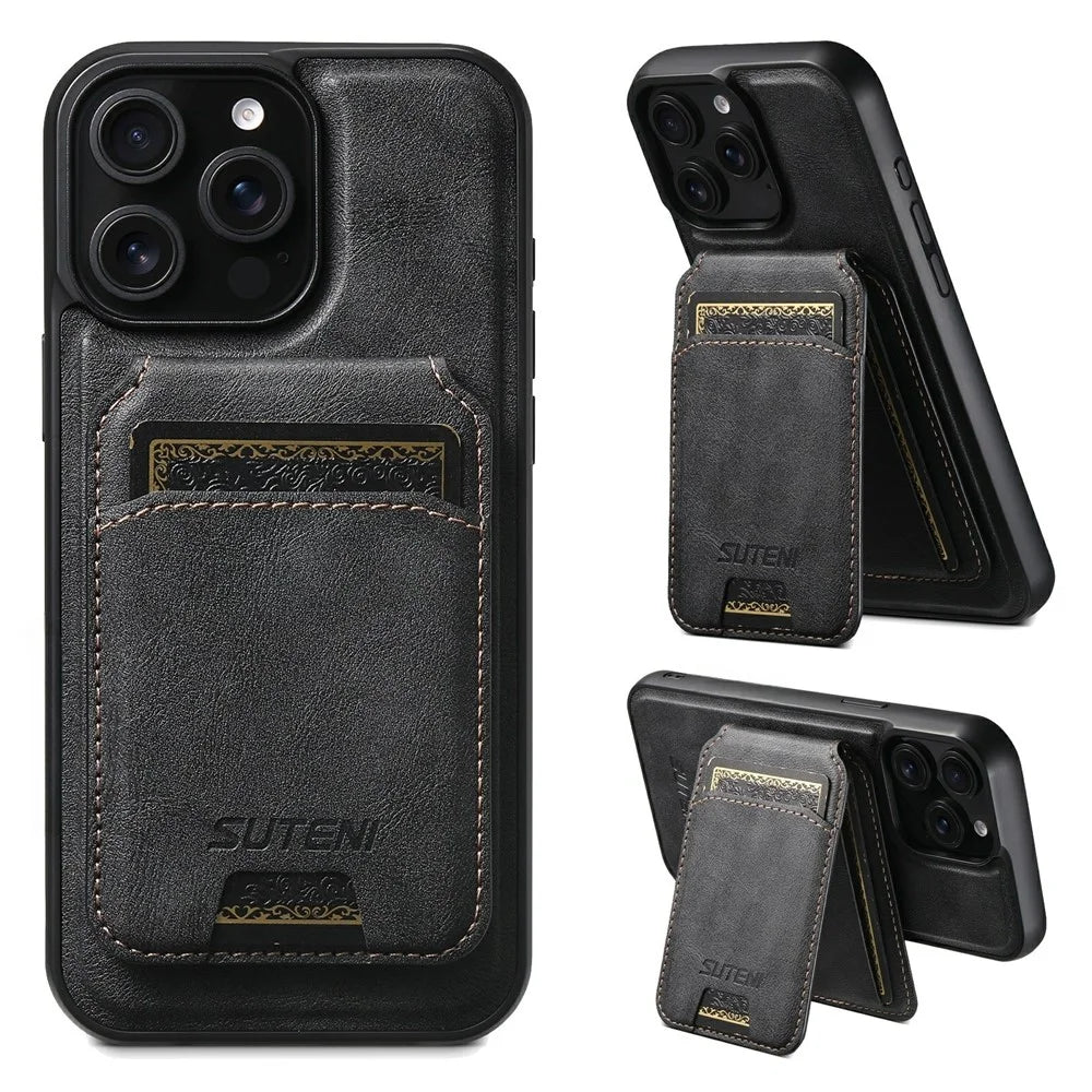 SUTENI M5 For iPhone 14 Pro Magnetic Case with Card Bag Cowhide Texture Leather Phone Back Cover - Black - 1