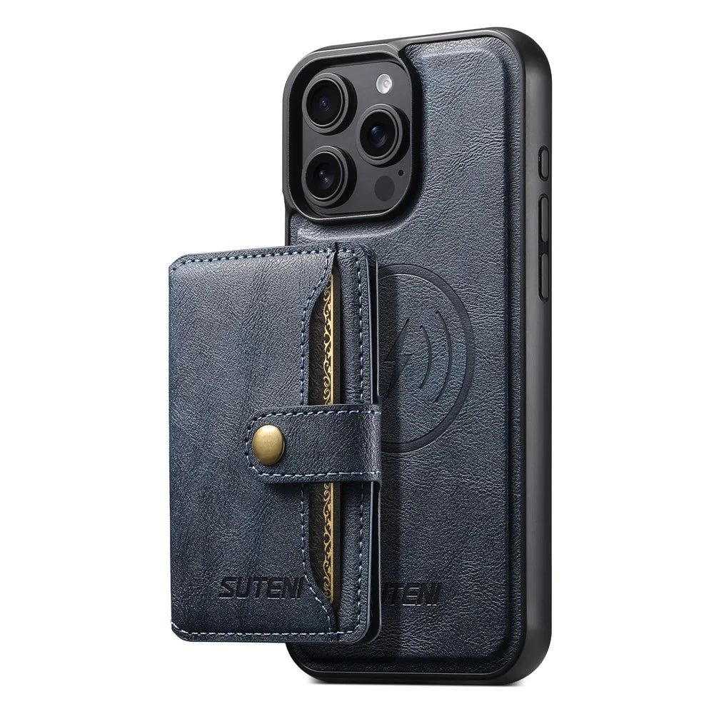 SUTENI M4 For iPhone 14 Pro Max Magnetic Case with Card Holder Cowhide Texture Leather Back Cover - Blue - 2