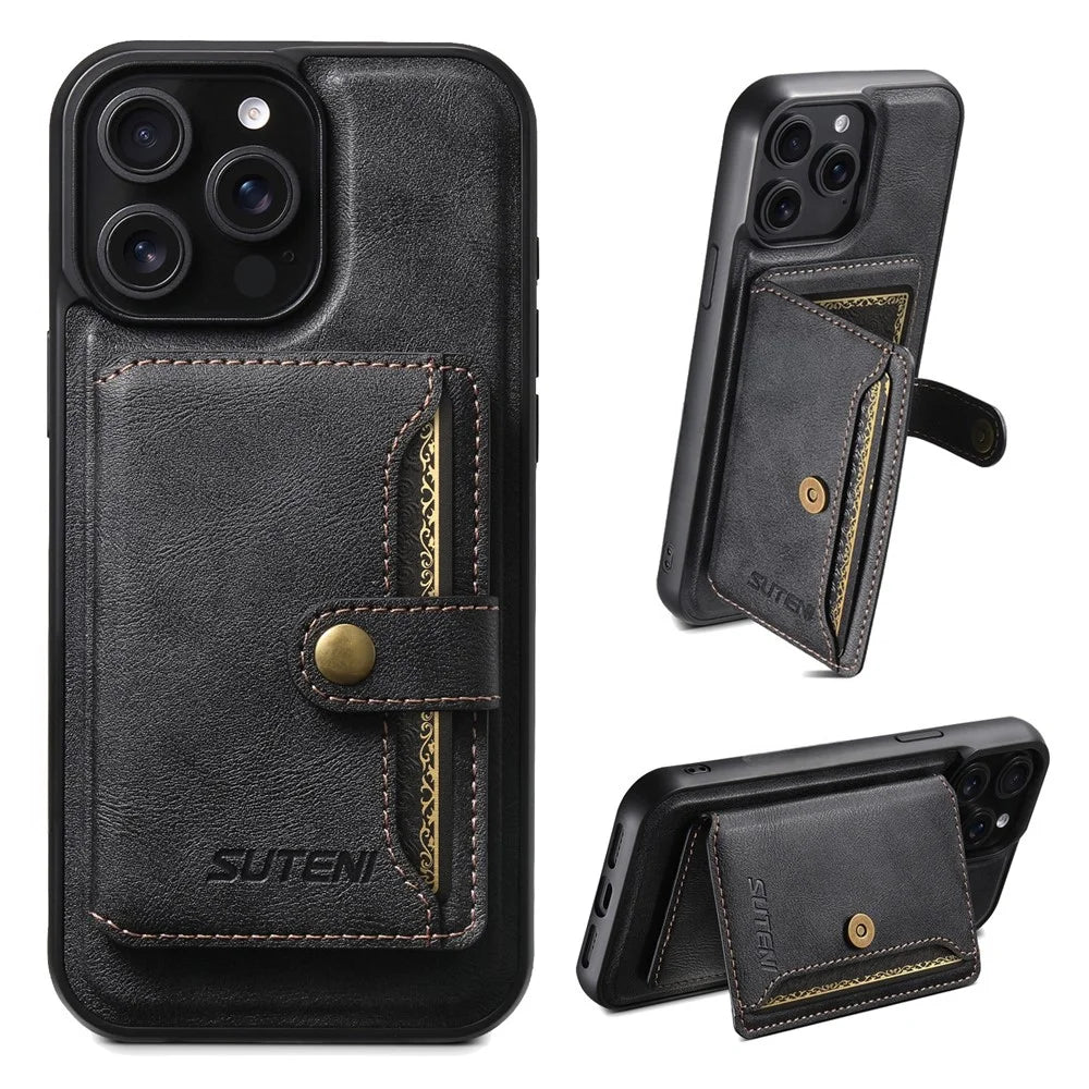 SUTENI M4 For iPhone 13 Pro Magnetic Case with Card Holder Cowhide Texture Leather Back Cover - Black - 1