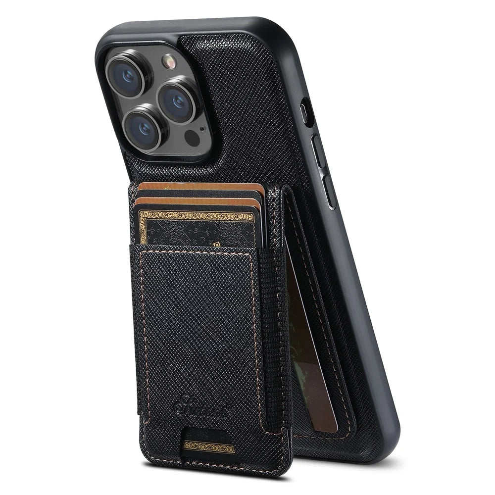 SUTENI H17 For iPhone 12  /  12 Pro Magnetic Case Cross Texture Leather Phone Back Cover with Detachable Card Bag - Black - 1