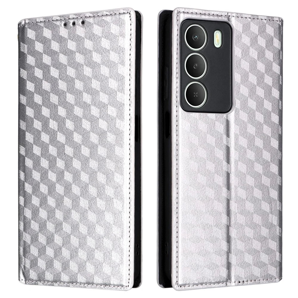 Phone Case For Realme C73 5G / 14x 5G / V70 5G / V70s 5G Wallet Rhombus Imprinted Leather Cover - Silver - 1