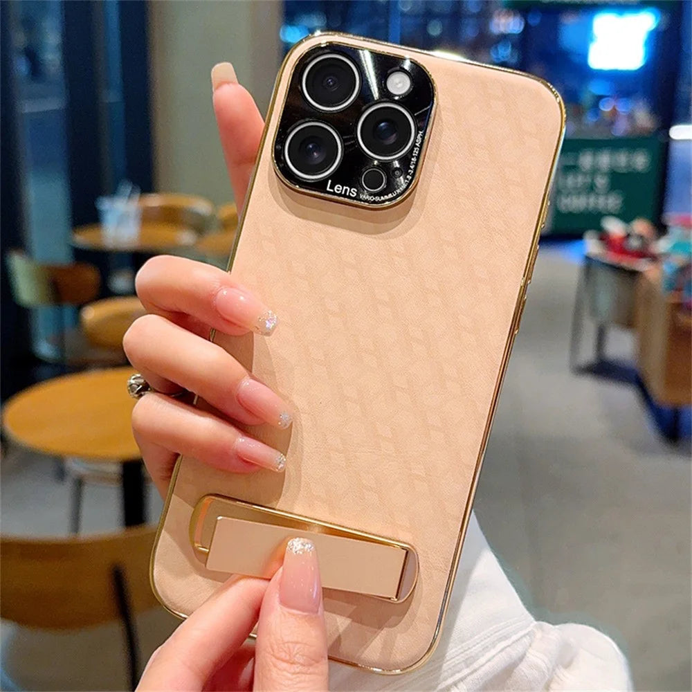 For iPhone 16 Pro Max Case PU Leather + PC Electroplated Phone Cover with Kickstand - 1