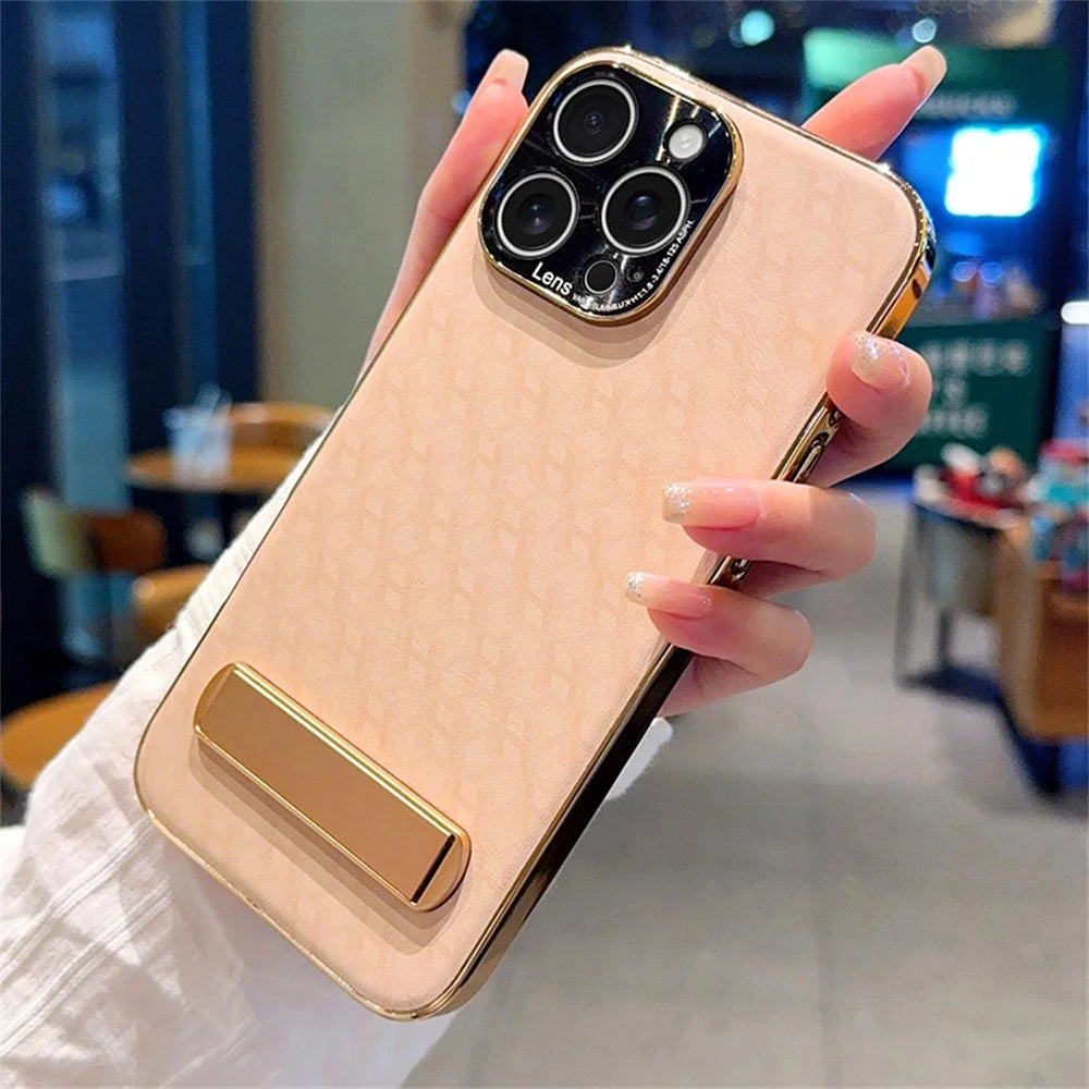 For iPhone 16 Pro Max Case PU Leather + PC Electroplated Phone Cover with Kickstand - 2