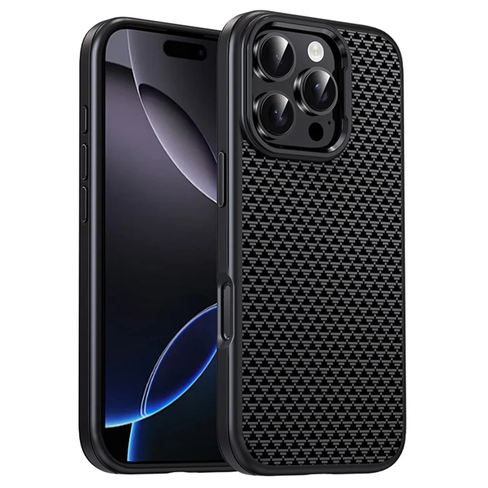 IPAKY For iPhone 16 Pro Max Case Carbon Fiber Texture PC + TPU Shockproof Phone Back Cover - Titanium Black - 1