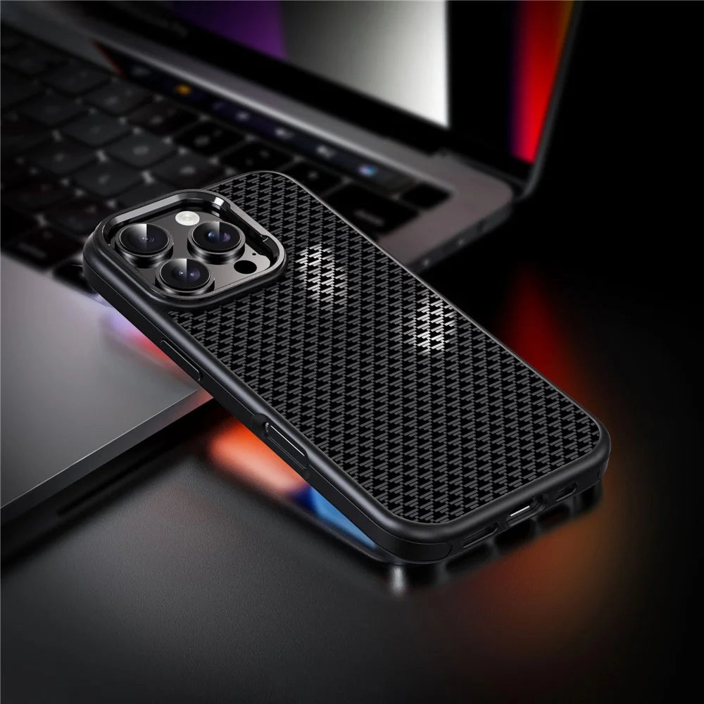 IPAKY For iPhone 16 Case Carbon Fiber Texture PC + TPU Shockproof Phone Back Cover - Titanium Black - 2