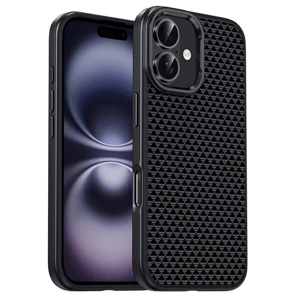 IPAKY For iPhone 16 Plus Case Carbon Fiber Texture PC + TPU Shockproof Phone Back Cover - Titanium Black - 1