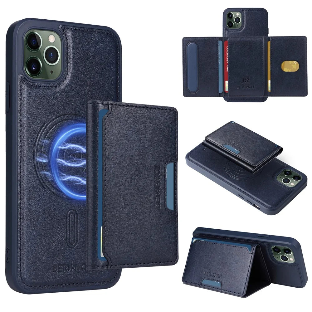 BETOPNICE For iPhone 11 Pro Max Magnetic Case  Leather Phone Cover Kickstand with Detachable Card Bag - Blue - 1