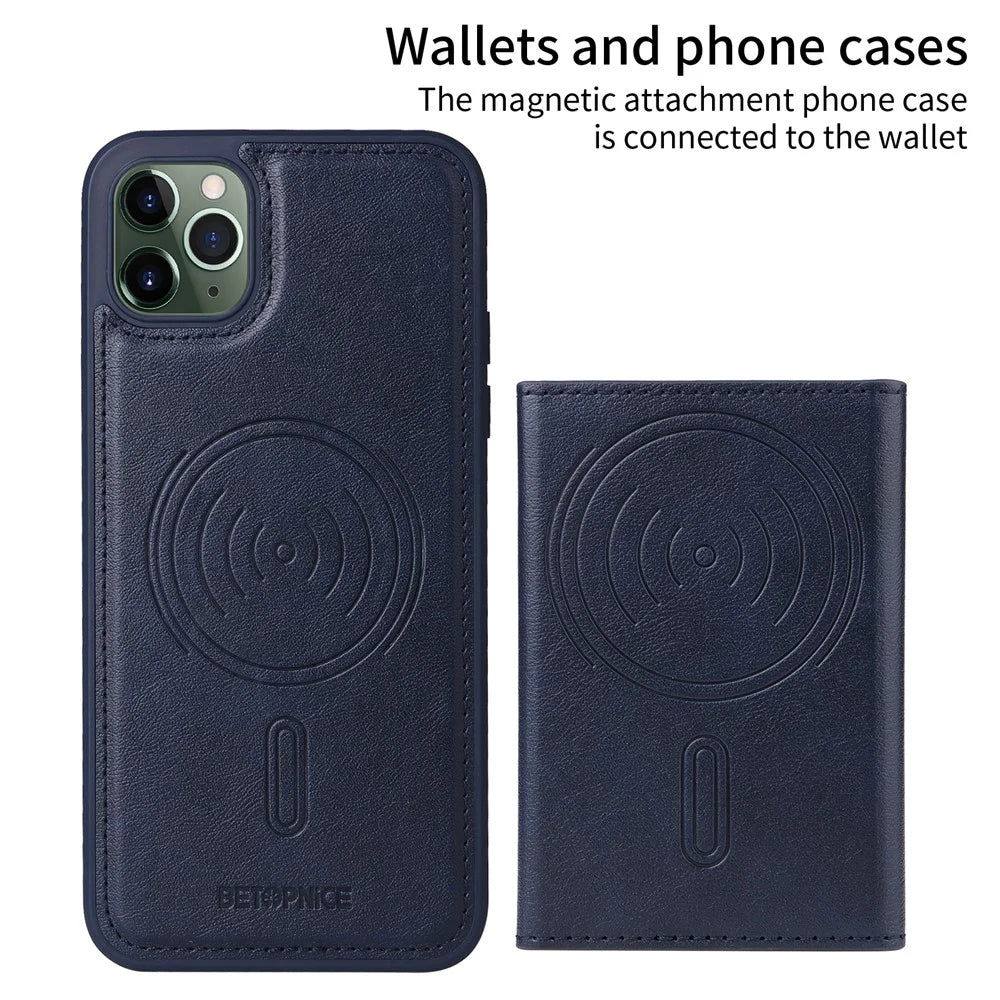 BETOPNICE For iPhone 11 Pro Max Magnetic Case  Leather Phone Cover Kickstand with Detachable Card Bag - Blue - 2