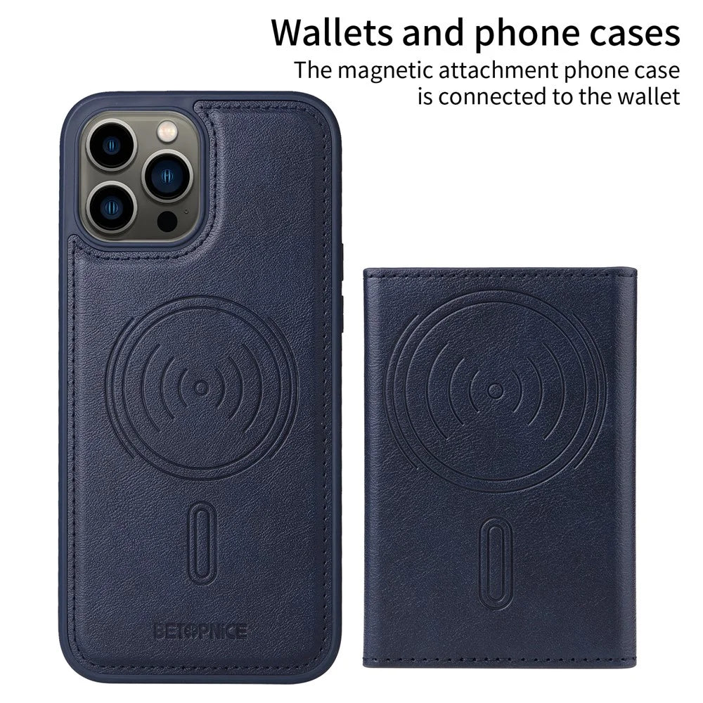 BETOPNICE For iPhone 13 Pro Max 6.7 inch Magnetic Case  Leather Phone Cover Kickstand with Detachable Card Bag - Blue - 2