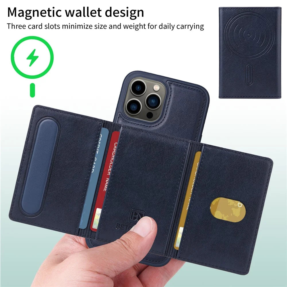 BETOPNICE For iPhone 13 Pro Max 6.7 inch Magnetic Case  Leather Phone Cover Kickstand with Detachable Card Bag - Blue - 3