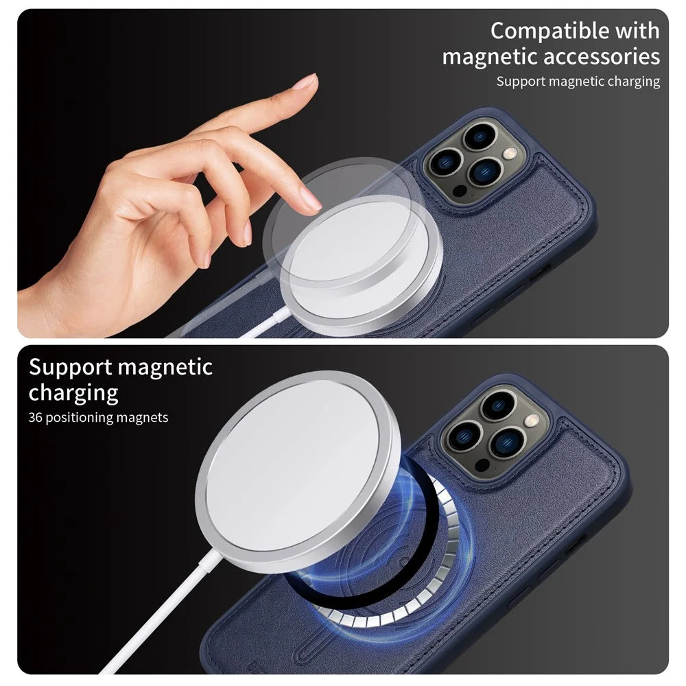 BETOPNICE For iPhone 13 Pro Max 6.7 inch Magnetic Case  Leather Phone Cover Kickstand with Detachable Card Bag - Blue - 4